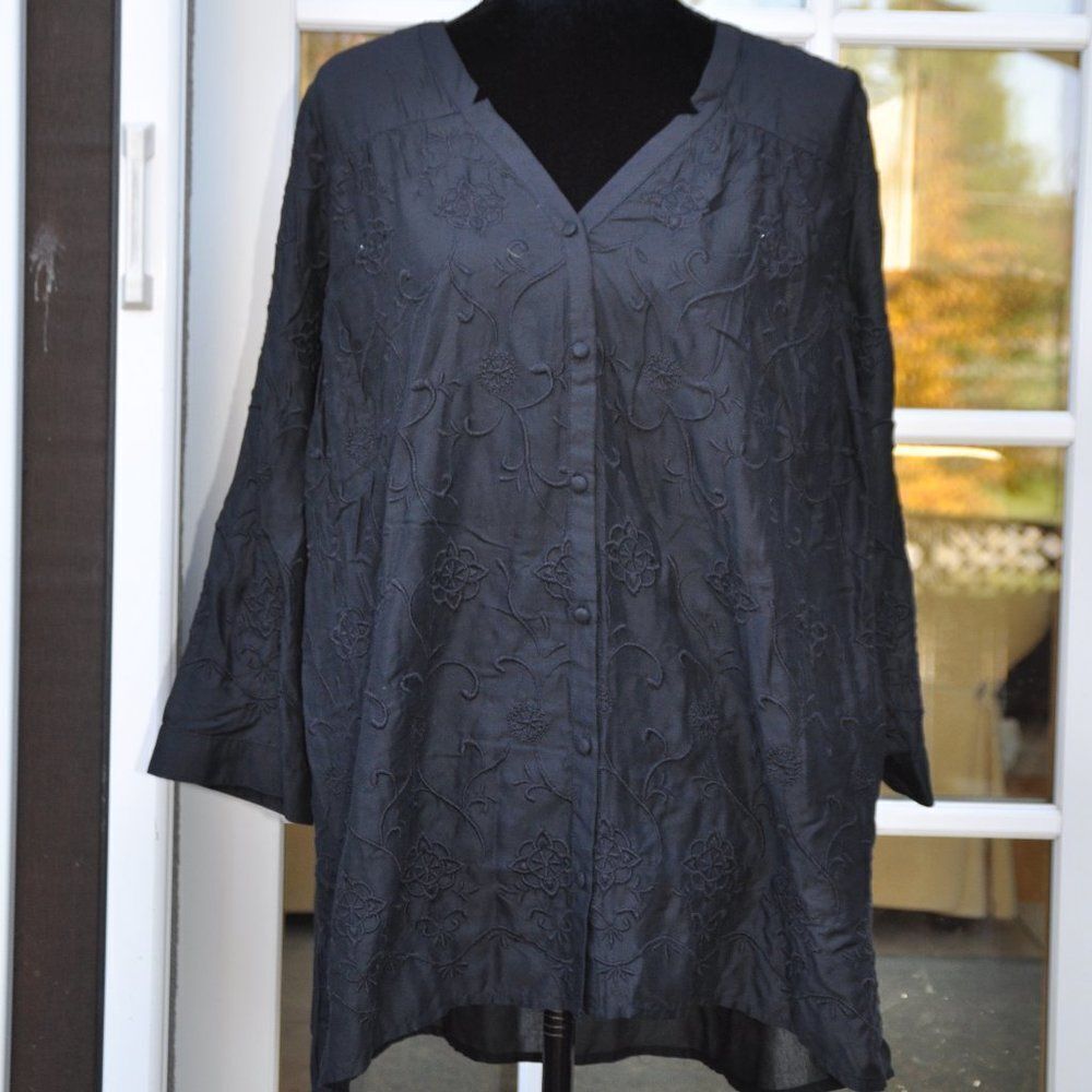 LUCKY BRAND 1X XL Black Embroidered Button Down Blouse NEW